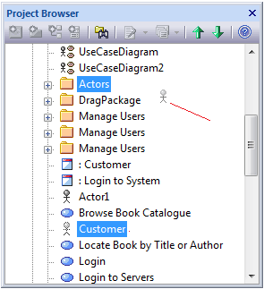 Showing a UML Actor element being moved between packages in the Project Browser. Showing a UML Actor element being moved between packages in the Project Browser.