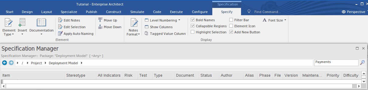 Showing the initial (empty) view of the Specification Manager in Sparx Systems Enterprise Architect. Showing the initial (empty) view of the Specification Manager in Sparx Systems Enterprise Architect.