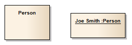 Showing an Object element and the UML Class element that it is classified by. Showing an Object element and the UML Class element that it is classified by.